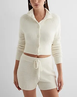 High Waisted Plush Knit Sweater Shorts White Women's S