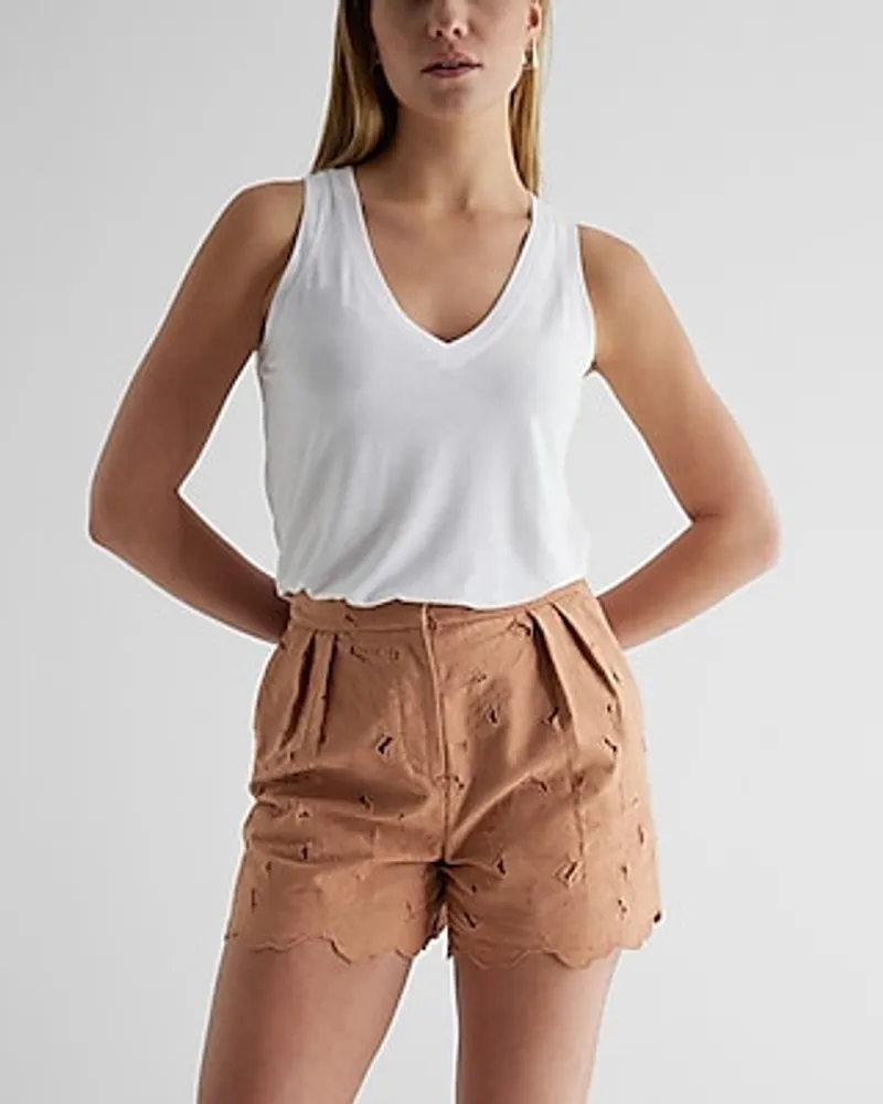 Super High Waisted Pleated Eyelet Shorts Brown Women's 4