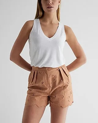 Super High Waisted Pleated Eyelet Shorts Brown Women's 4