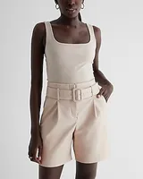 Super High Waisted Faux Leather Belted Bermuda Shorts Neutral Women's 2