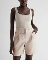 Super High Waisted Faux Leather Belted Bermuda Shorts Neutral Women's