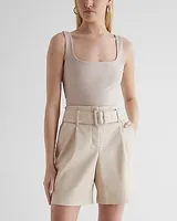 Super High Waisted Faux Leather Belted Bermuda Shorts Neutral Women's