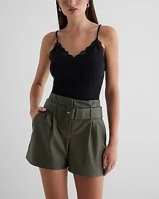 Super High Waisted Faux Leather Belted Paperbag Shorts