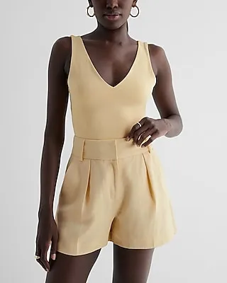 Stylist Super High Waisted Linen-Blend Pleated Shorts Yellow Women's 12