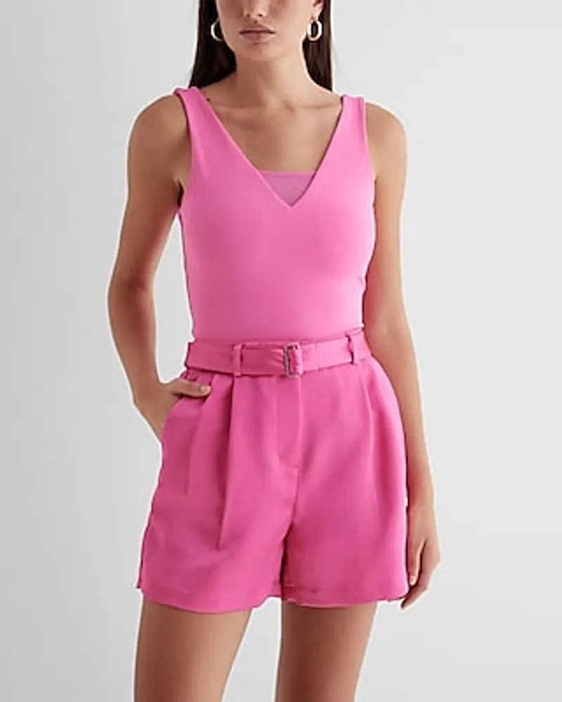 Super High Waisted Satin Belted Pleated Shorts Pink Women's 14