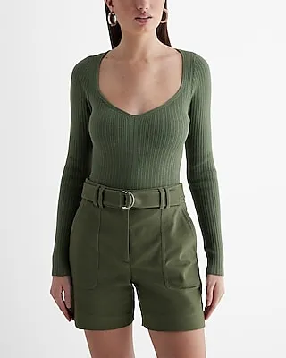 Super High Waisted Belted Utility Midi Shorts Green Women's