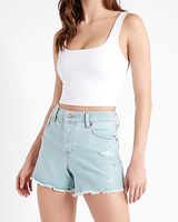 Mid Rise Light Wash Destroyed Boyfriend Jean Shorts Blue Women's