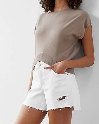 Mid Rise White Covered Button Fly Ripped Boyfriend Jean Shorts White Women's 0