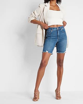 High Waisted Medium Wash Bermuda Jean Shorts