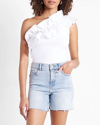 High Waisted Light Wash Midi Jean Shorts