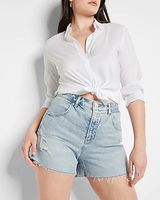 Curvy Super High Waisted Light Wash Denim Mom Shorts