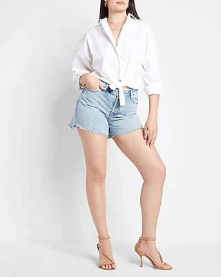 Curvy Mid Rise Covered Button Fly Boyfriend Jean Shorts Blue Women's