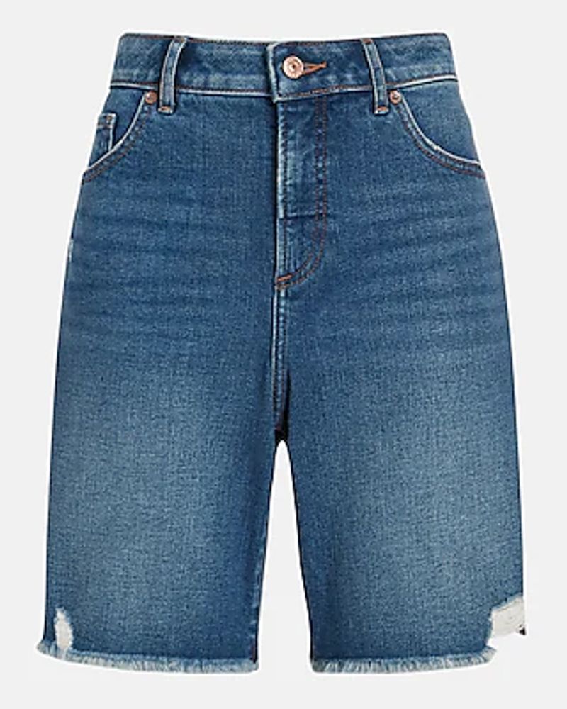Curvy High Waisted Medium Wash Bermuda Jean Shorts