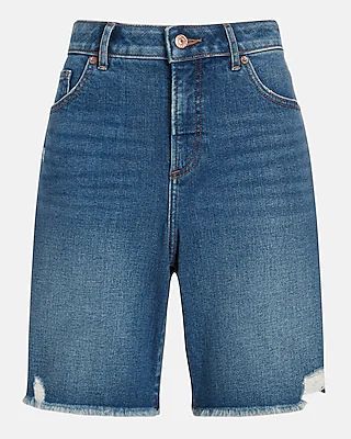 Curvy High Waisted Medium Wash Bermuda Jean Shorts