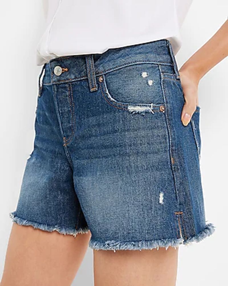 Low Rise Covered Button Fly Boyfriend Jean Shorts Blue Women's 2