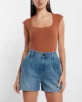 Super High Waisted Medium Wash Tailored Jean Shorts