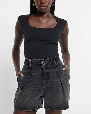 Super High Waisted Black Tailored Jean Shorts Black Women's XL