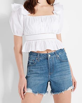Mid Rise Covered Button Fly Boyfriend Jean Shorts Blue Women's