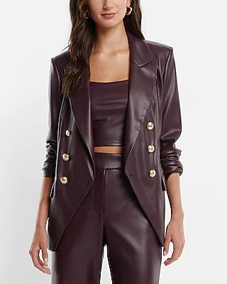 Faux Leather Double Breasted Novelty Button Cropped Business Blazer Women