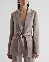 Satin Tie Waist Cropped Business Blazer Gray Women's XS