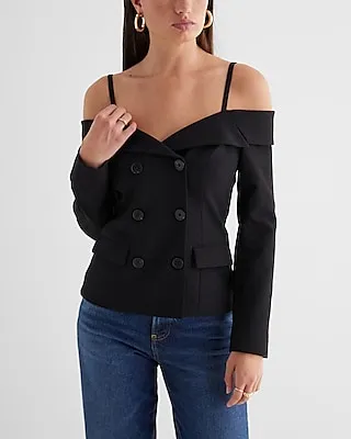 Off The Shoulder Double Breasted Cropped Business Blazer Black Women's 0