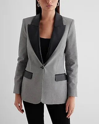 Faux Leather Pieced Houndstooth One Button Cropped Business Blazer