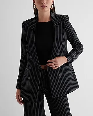 Double Breasted Pinstripe Cropped Business Blazer Black Women's