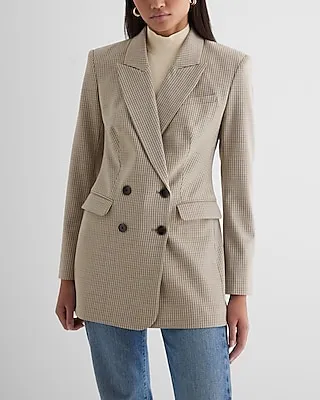 Wool-Blend Houndstooth Double Breasted Cropped Business Blazer