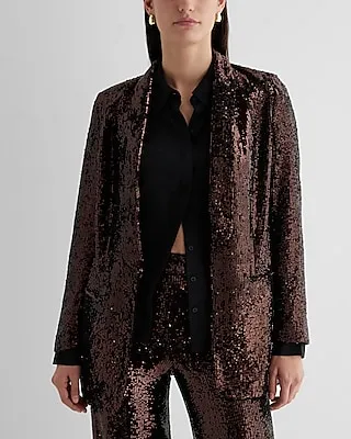 Sequin Open Front Oversized Boyfriend Blazer Brown Women's S