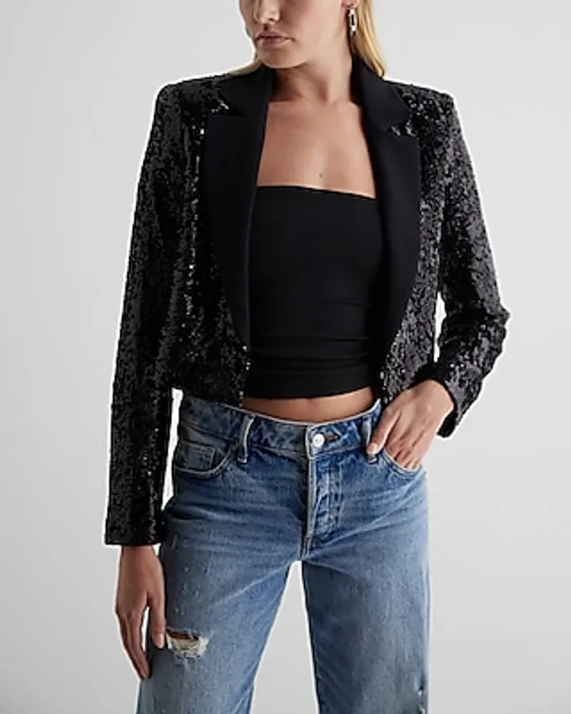 Sequin Solid Lapel Cropped Cropped Business Blazer Black Women's