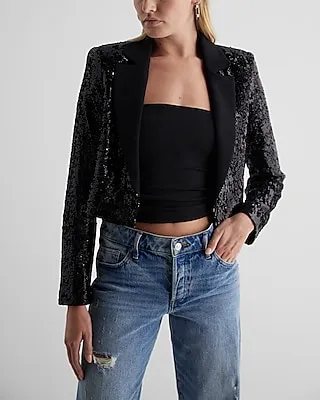 Sequin Solid Lapel Cropped Cropped Business Blazer Black Women's M