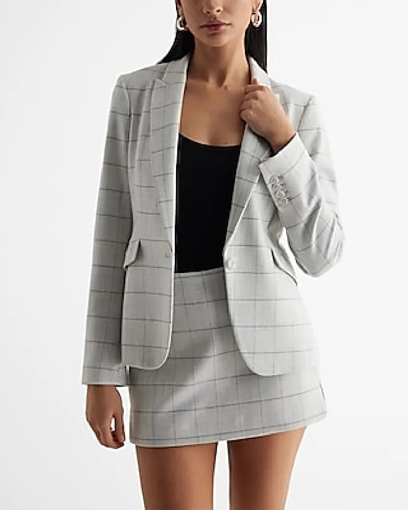 Editor Plaid One Button 24" Cropped Business Blazer Black Women's XL