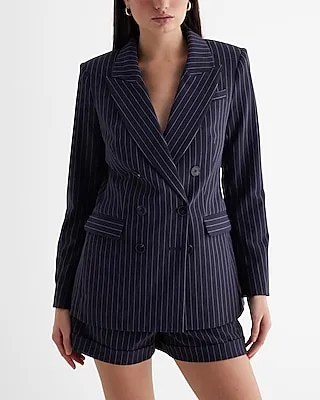 Pinstripe Double Breasted Cropped Business Blazer Blue Women's XL