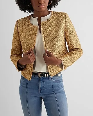 Metallic Tweed Fringe Trim Jacket Gold Women's XS