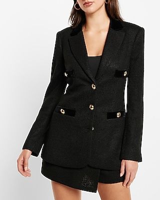 Tweed Notch Lapel Novelty Button Cropped Business Blazer Black Women's XS