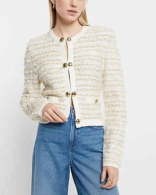 Metallic Novelty Button Front Sweater Jacket White Women