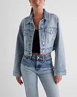 Wide Sleeve Cropped Denim Jacket Blue Women