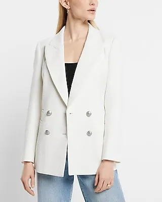 Boucle Peak Lapel Double Breasted Novelty Button Cropped Business Blazer White Women