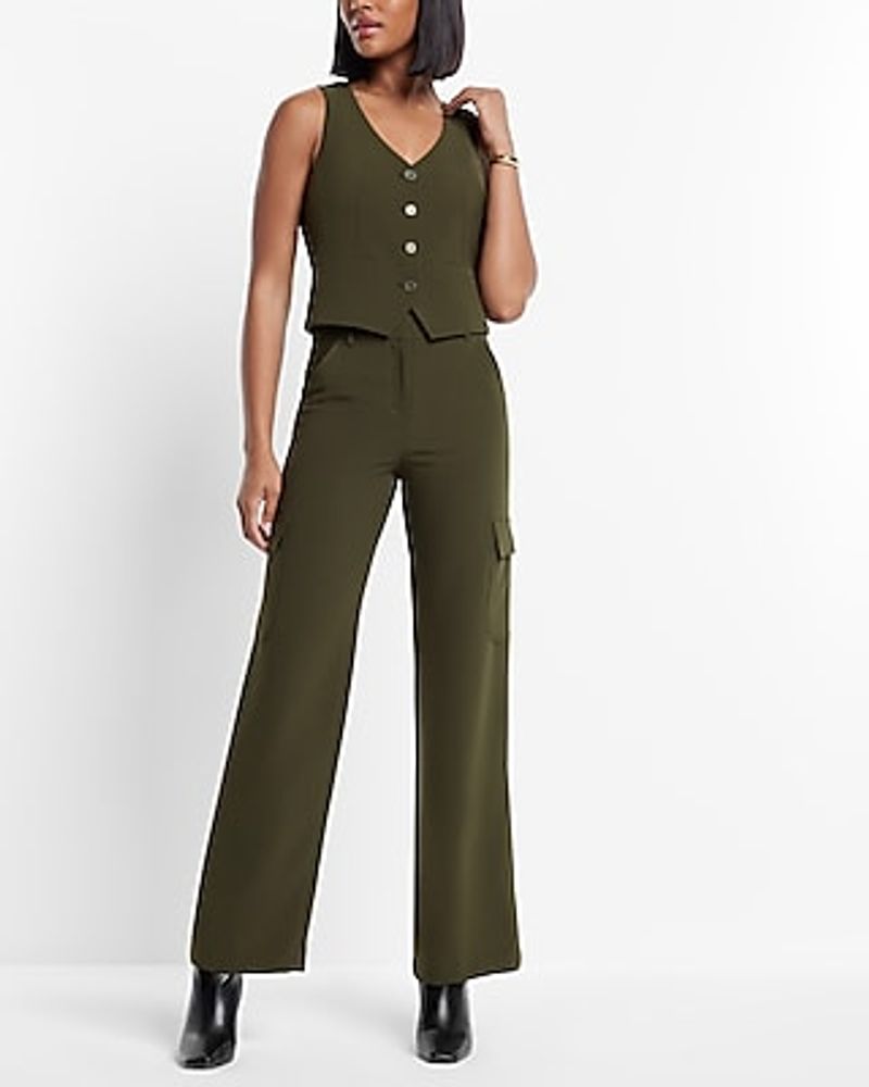 Button Front Tailored Blazer Vest Green Women's S