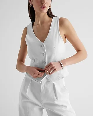 Denim Button Front Tailored Blazer Vest White Women