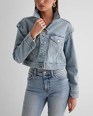 Layered Cap Sleeve Cropped Denim Jacket Blue Women's XS