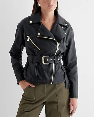 Faux Leather Belted Moto Jacket Black Women's M
