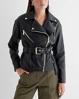 Faux Leather Belted Moto Jacket Black Women's XS