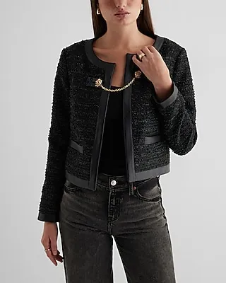Tweed Faux Leather Pieced Chain Strap Jacket Black Women's S