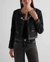 Tweed Faux Leather Pieced Chain Strap Jacket