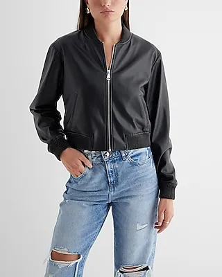 Faux Leather Cropped Bomber Jacket Black Women's M
