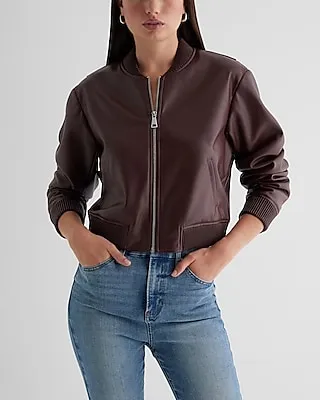 Faux Leather Cropped Bomber Jacket Brown Women's XS