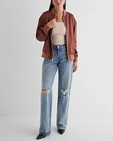 Satin Oversized Bomber Jacket Brown Women's L