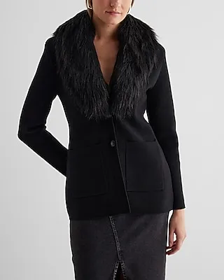Fitted Fur Collar Sweater Jacket Black Women