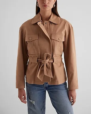 Twill Oversized Belted Utility Jacket Brown Women's XS
